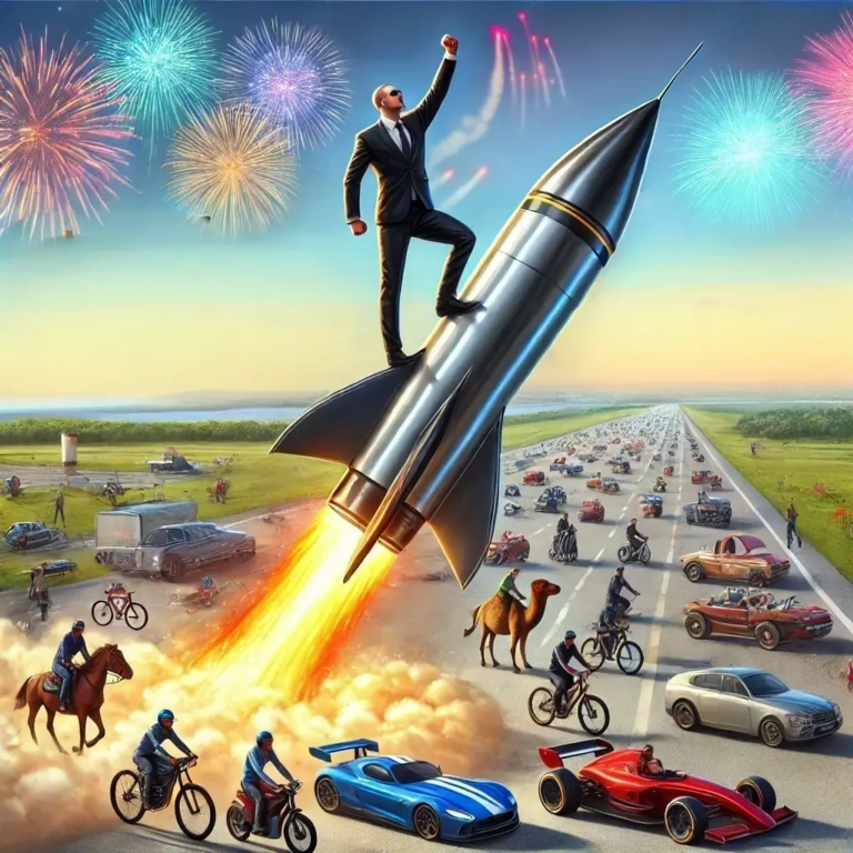 More sales with a wordpress speed optimization 10 En raket der viser en mand flyve af sted som indikerer success i forhold til konkurrenterne da han har fået mere salg med med wordpress hastighedsoptimering